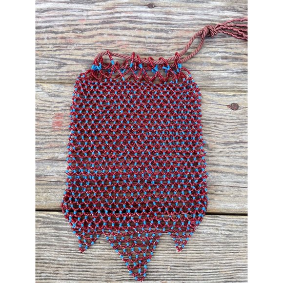 Antique Glass Beaded Pouch Draw String Purse Red Blue No lining - Picture 9 of 9